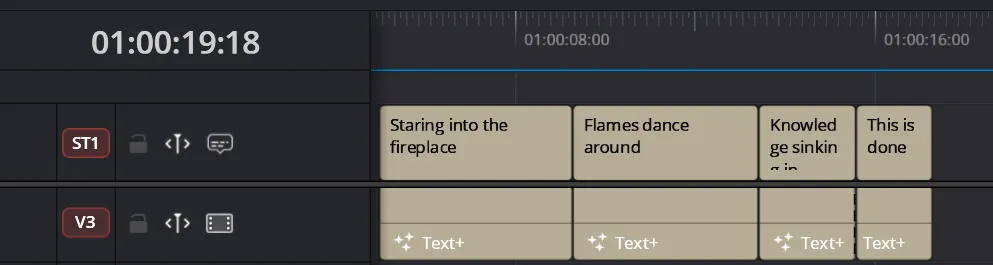 Screenshot of DaVinci Resolve's timeline, showing the Text+ converted to Subtitles